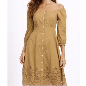 Max Boho Cottage Eyelet Hemline A Line Button Up Midi Dress Women S Neutral